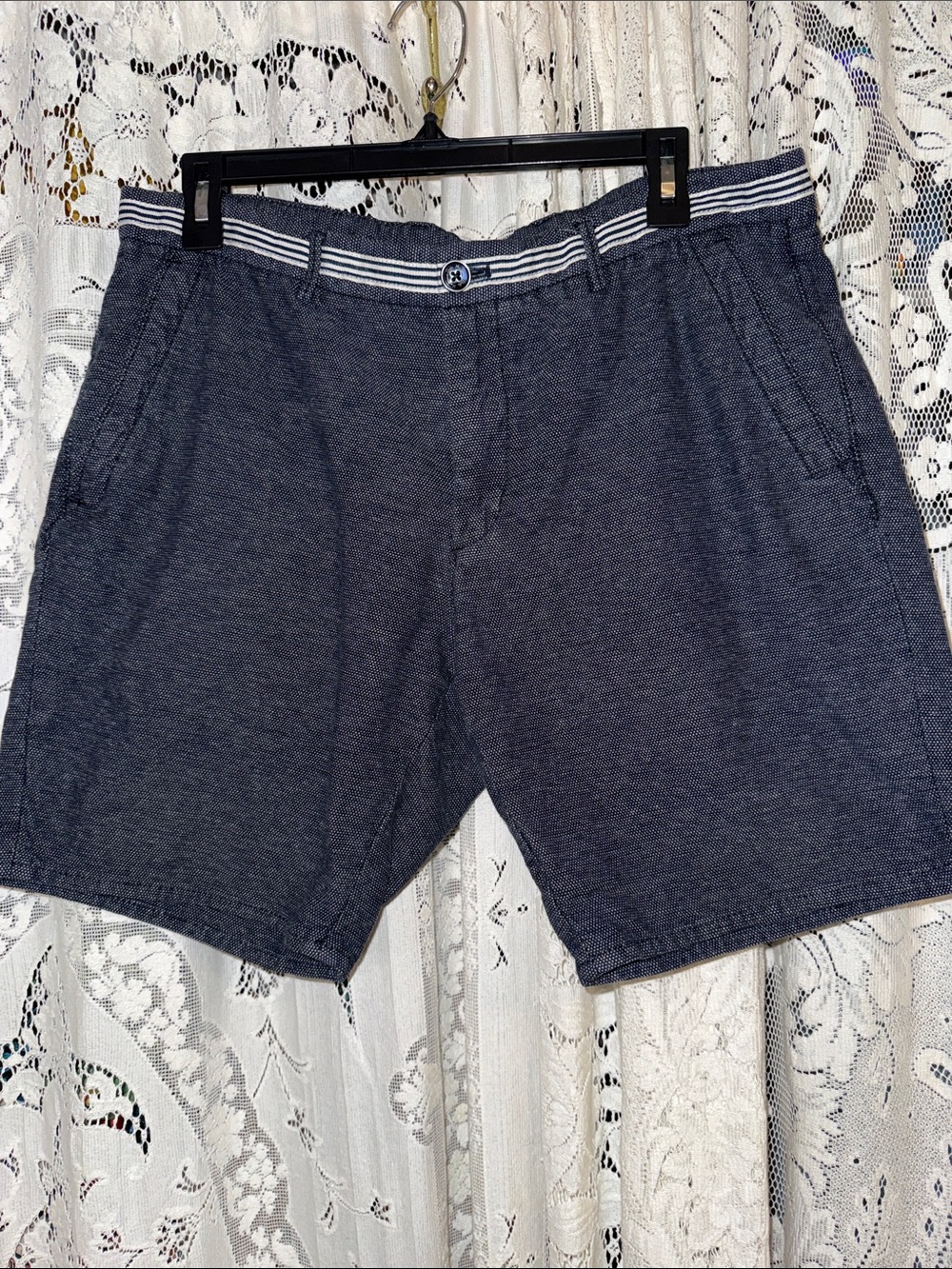 Massimo Dutti Navy Blue Flat Front Cotton-Blend Shorts